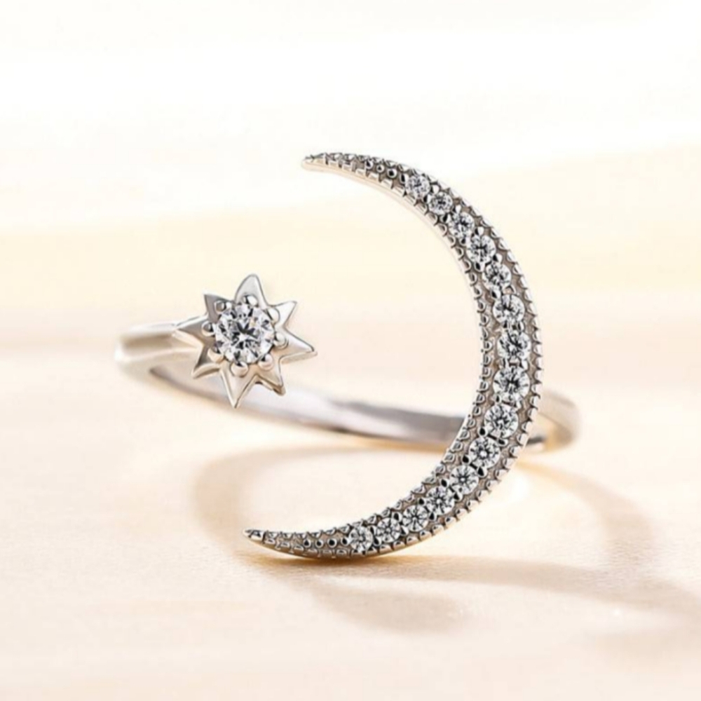 Adjustable Crescent Moon Star Ring